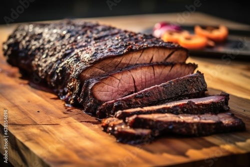 bbq brisket slices on a board with a burned edge photo