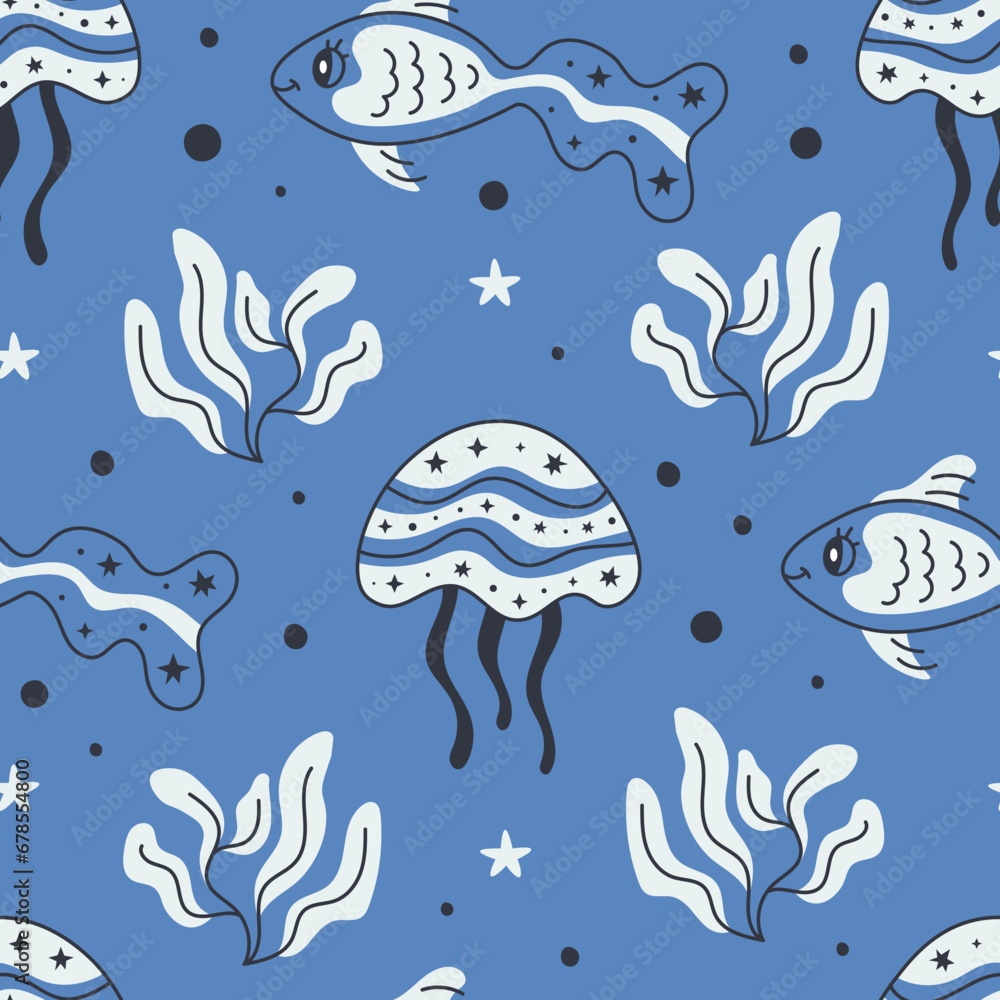 Sealife seamless pattern with fish, medusa and seaweed. Cute hand drawn aquatic wildlife animals, jellyfish, stars and dots in trendy doodle style on blue background