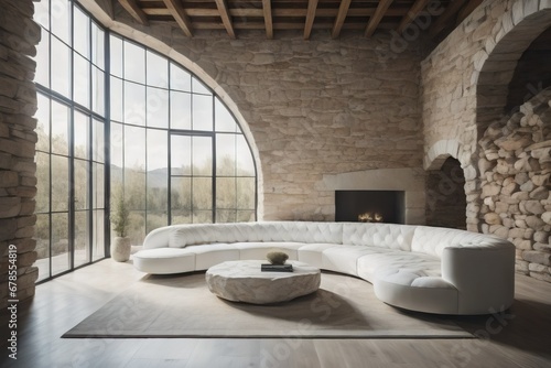 White curved sofa against wall with stone structure. Loft style home interior design of modern living room
