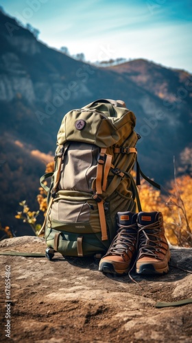 low angle shot of a backpack and hiking boots on a mountain