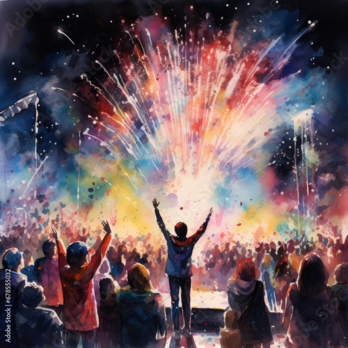 A concert with a crowd and fireworks in the background, captured in watercolors with a bright and bold color palette, creating a glittery atmosphere.

