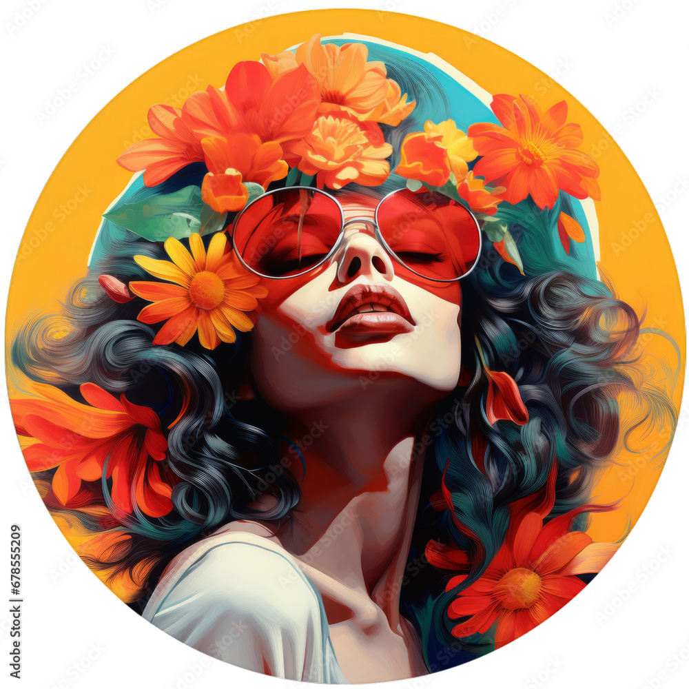 A woman with a flower crown in a bright circular pattern, creating a visually captivating and artistic image.