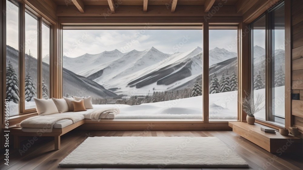 Wooden bench with beige pillows and blanket near panoramic grid window with stunning winter snow mountains view. Japanese style home interior design of modern living room in chalet Wooden bench with beige pillows and blanket near panoramic grid window with stunning winter snow mountains view. Japanese style home interior design of modern living room in chalet