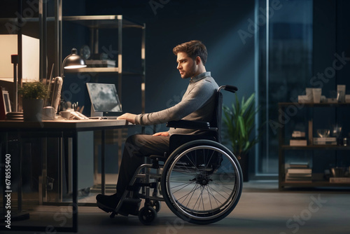 Businessman in wheelchair working on laptop in the office in the evening alone