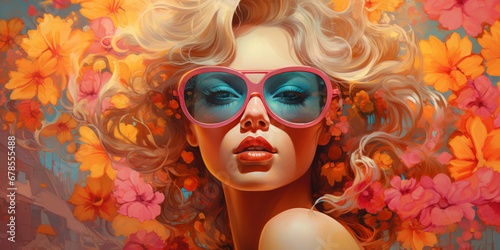 Portrait of a woman wearing sunglasses and flowers, presented in a poster art style reminiscent of golden age illustrations.