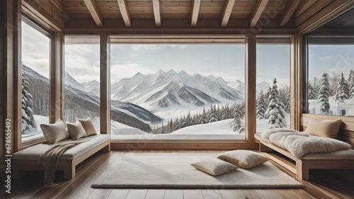 Wooden bench with beige pillows and blanket near panoramic grid window with stunning winter snow mountains view. Japanese style home interior design of modern living room in chalet  © Marko