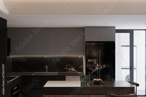 Modern, smart technology with Kitchen counter interior in a smart kitchen, 3D rendering