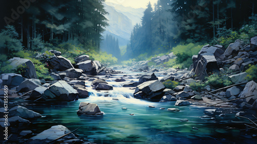 A painting of a river surrounded by trees