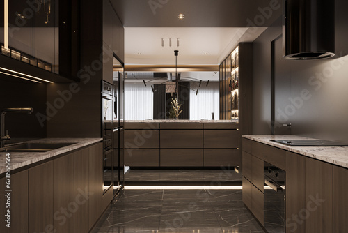 A view from an Open kitchen, 3D rendering photo
