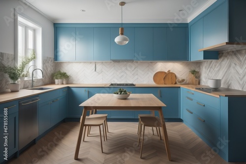 Wooden dining table against blue kitchen cabinets with wooden countertop near pastel blue herringbone tiled backsplash with copy space. Mid-century style modern interior design of kitchen