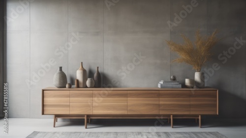 Wooden sideboard in modern living room  concrete wall with wooden paneling  home interior background with copy space