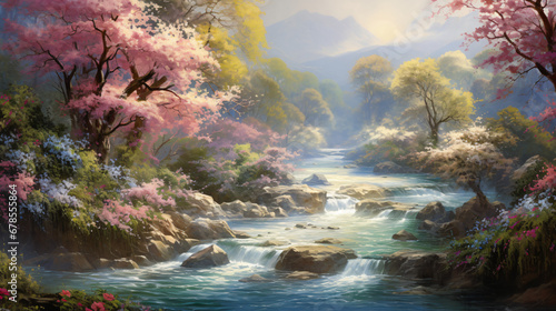 A painting of a river surrounded by trees