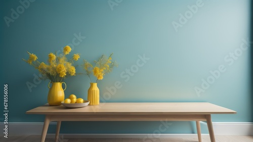Wooden table with yellow vase with bouquet of field flowers near empty, blank turquoise wall. Home interior background with copy space © Marko