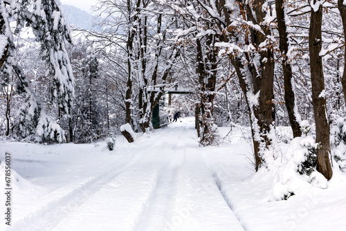 The road in the mountains among the trees is covered with snow. A distant man clears the snow with a shovel