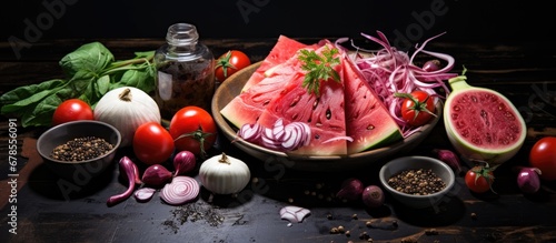 Thai summer dish with watermelon dried fish and fried onions