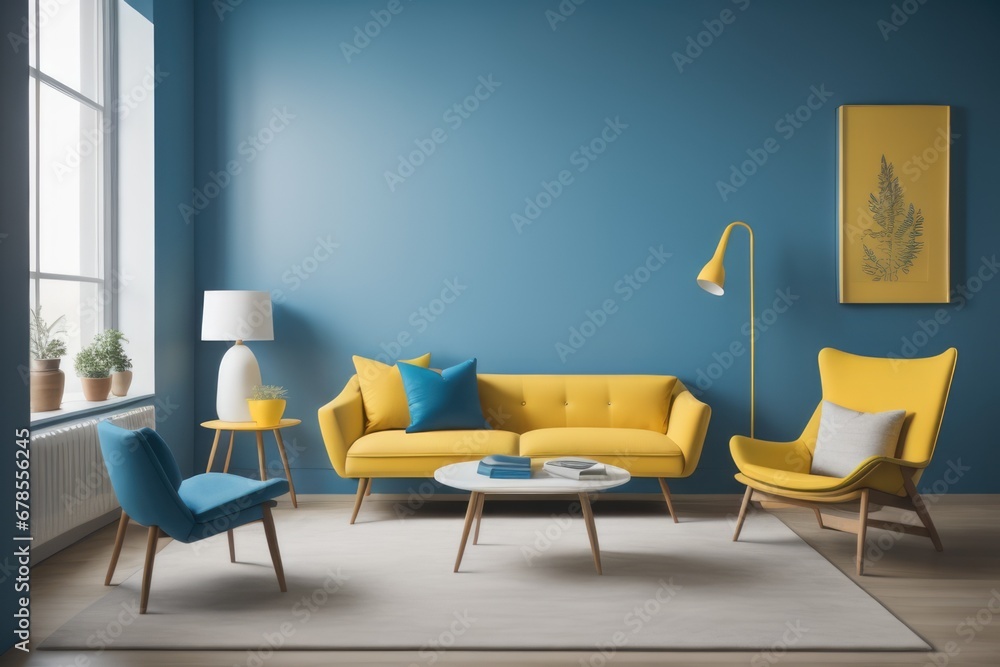 Yellow chair and blue coffee table against wall with copy space. Interior design of modern living room Yellow chair and blue coffee table against wall with copy space. Interior design of modern living room