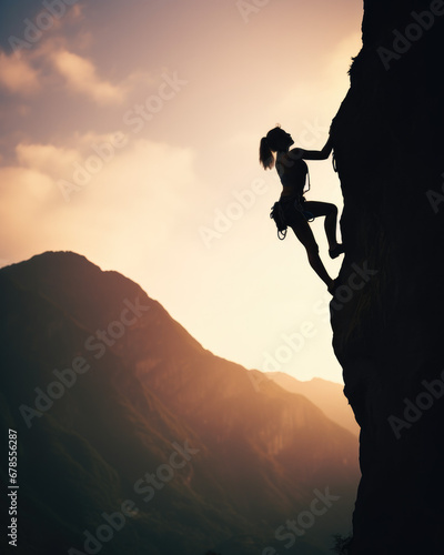 woman climbing up the side of a mountain, Brave Journey to Conquer the Majestic Mountain Peak at Sunset