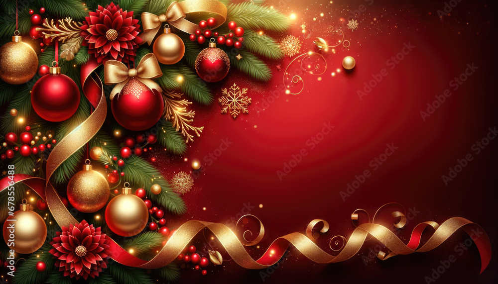 A festive Christmas background with red and gold ornaments, ribbons, and pine branches. Generative ai.