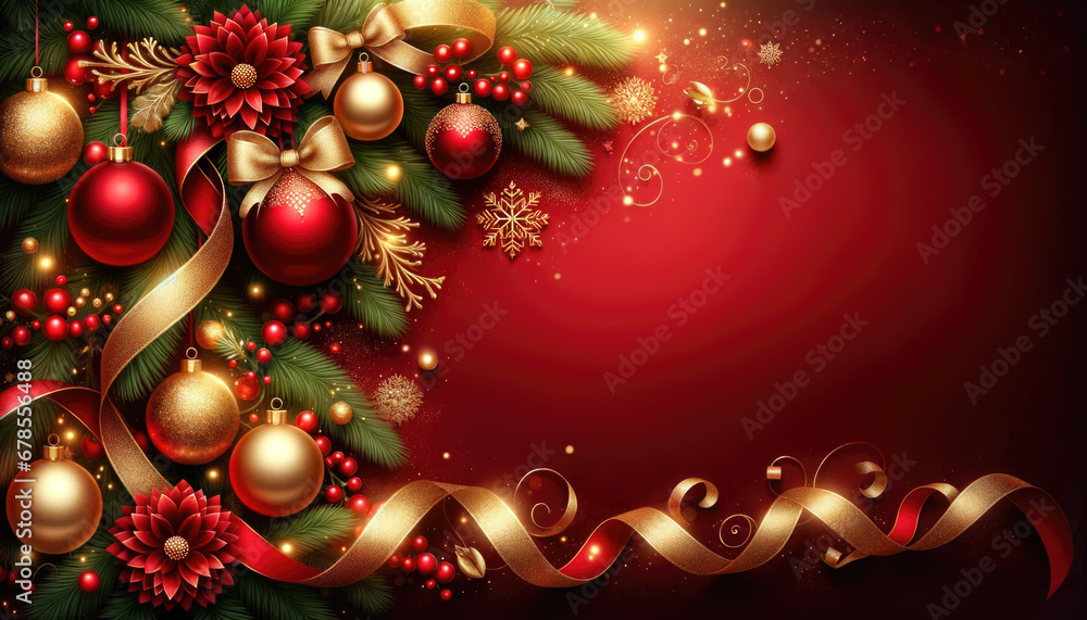 A festive Christmas background with red and gold ornaments, ribbons, and pine branches. Generative ai. A festive Christmas background with red and gold ornaments, ribbons, and pine branches. Generative ai.