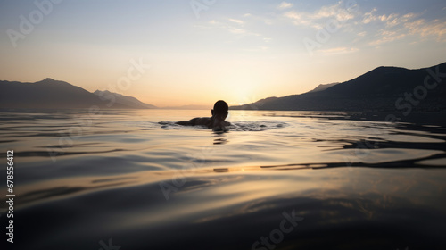Man in the Glowing Waters at Dusk, alone lost and free in the water, freedom concept  © kiddsgn