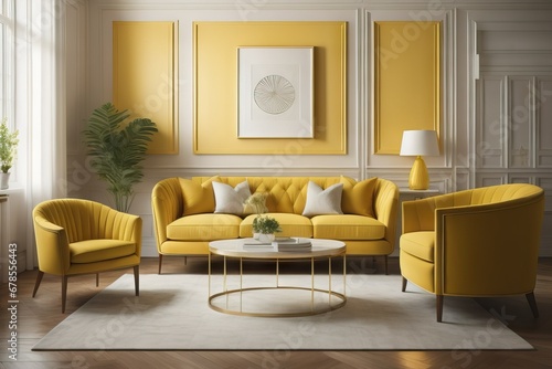 Yellow loveseat sofa in classic room. Art deco home interior design of modern living room