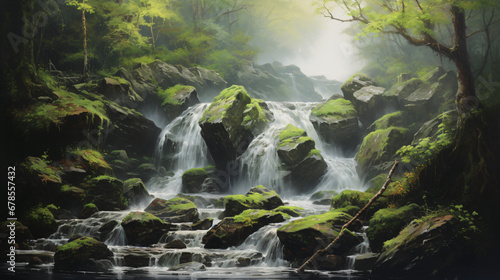 A painting of a waterfall in a forest