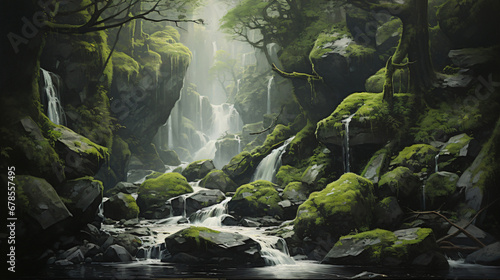 A painting of a waterfall in a forest © Hassan
