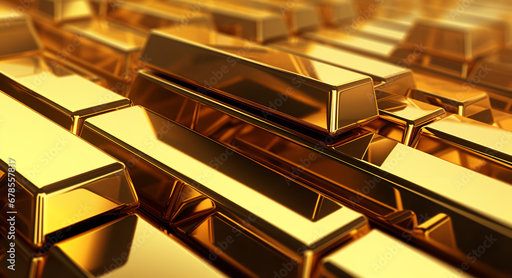 A close up view of gold bars in shiny gold, in the style of precisionist lines and shapes, blocky A close up view of gold bars in shiny gold, in the style of precisionist lines and shapes, blocky