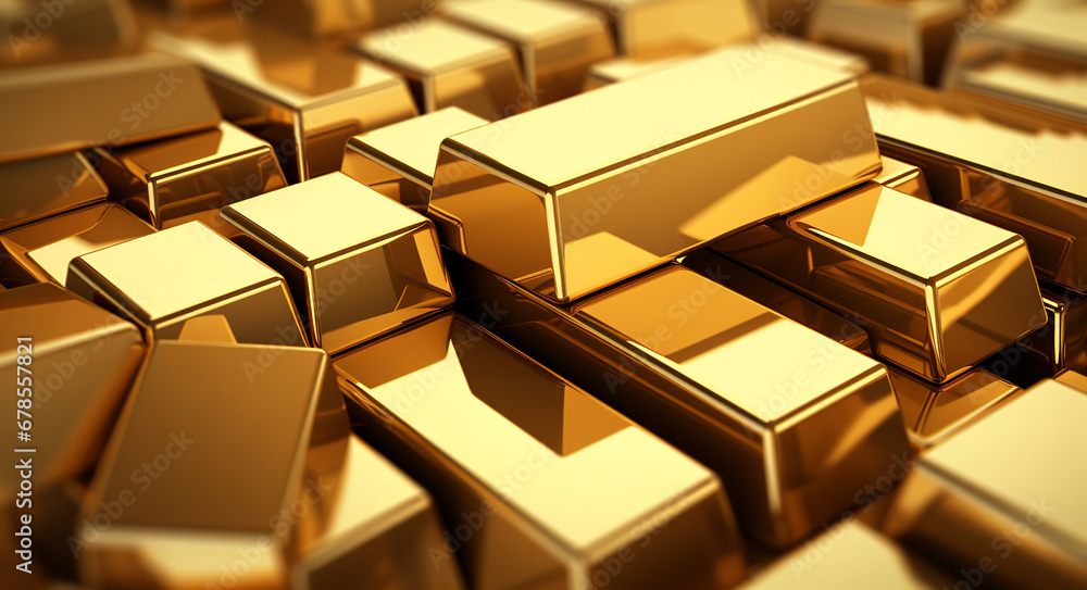 A close up view of gold bars in shiny gold, in the style of precisionist lines and shapes, blocky A close up view of gold bars in shiny gold, in the style of precisionist lines and shapes, blocky