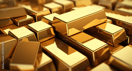 A close up view of gold bars in shiny gold, in the style of precisionist lines and shapes, blocky
