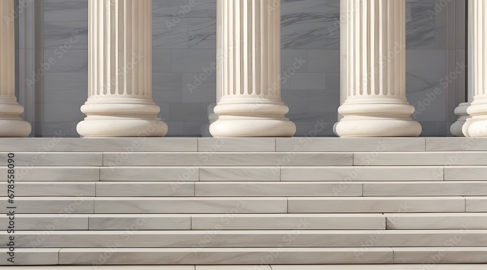 White marble stairs, colonnade, and stone columns of law building with classic, ancient architecture. Copy space for text, advertising, message, logo White marble stairs, colonnade, and stone columns of law building with classic, ancient architecture. Copy space for text, advertising, message, logo