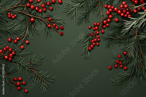 Christmas background with fir branches, berries and twigs stock image, in the style of minimalist backgrounds