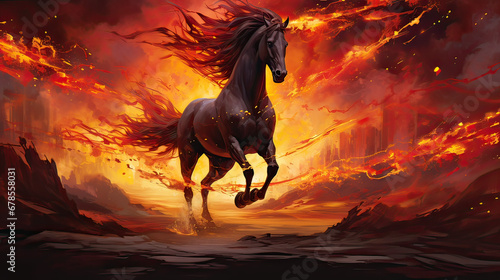 Fiery horse galloping through a surreal landscape of flickering lights AI generative