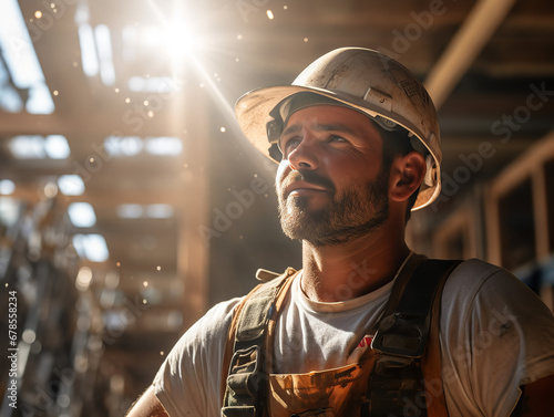  A construction worker at a busy construction site, determined, sunlight