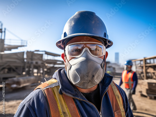 A construction worker using ASTM Level 3 face masks at a construction site, focused, industrial setting © Nate