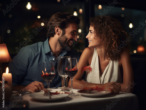 A couple on a romantic dinner date, affectionate, upscale restaurant
