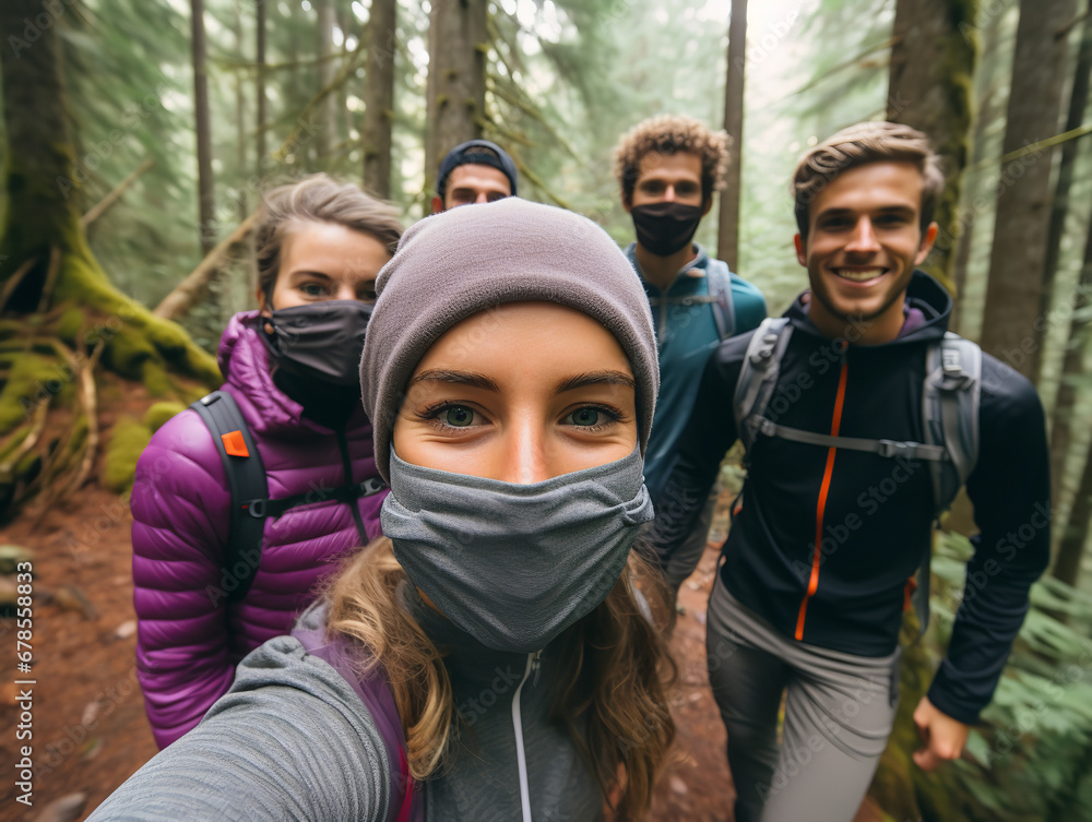 A group of friends wearing breathable purple face masks while hiking through a lush forest