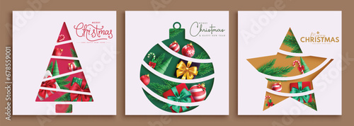 Christmas greeting tags vector poster set design. Merry christmas and happy new year gift tags in white color lay out collection card. Vector illustration tags and sticker in paper cut postcard.
