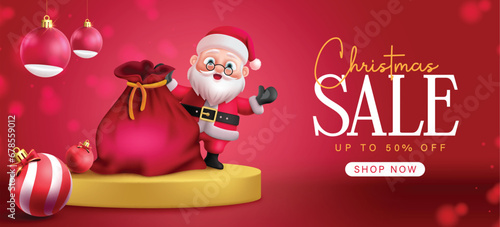 Christmas sale podium vector banner design. Christmas santa claus character with gift sack elements in podium stage promo display promotion banner. Vector illustration xmas seasonal background. 
