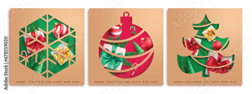 Christmas gift tags vector poster set design. Merry christmas and happy new year greeting cards in brown color lay out collection xmas poster. Vector illustration tags and sticker in paper cut 