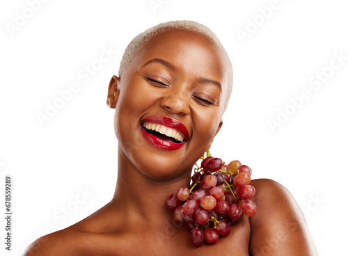 Happy black woman, smile or grapes for skincare, health or diet nutrition for wellness, beauty or fruit. Face, hydration or African person with food choice isolated on transparent png background photo