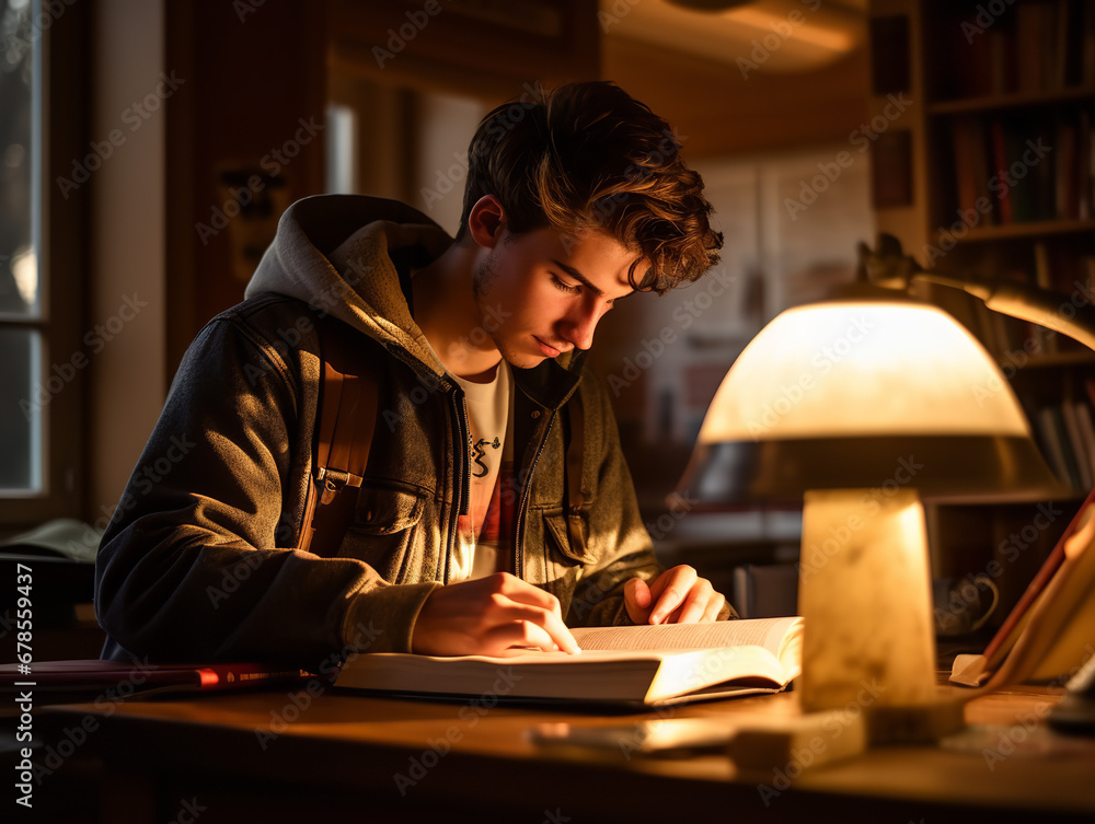 Photography, A student, studying diligently in a cozy library, determined, warm lighting Photography, A student, studying diligently in a cozy library, determined, warm lighting