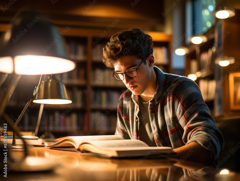 Photography, A student, studying diligently in a cozy library, determined, warm lighting Photography, A student, studying diligently in a cozy library, determined, warm lighting