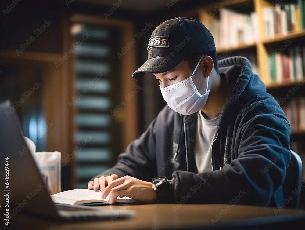 Photography, A student, studying diligently in a cozy library, determined, warm lighting Photography, A student, studying diligently in a cozy library, determined, warm lighting