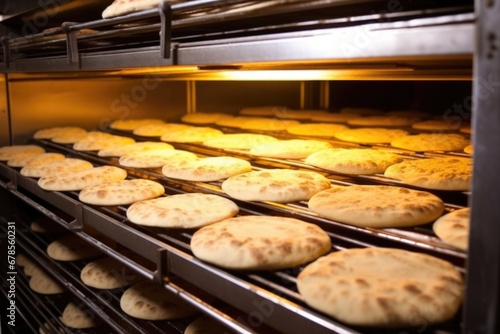 commercial oven with rows of pita bread inside