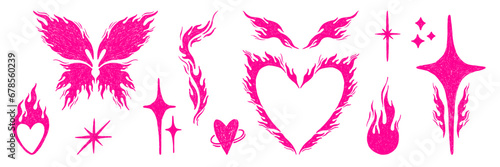 Y2k fire flame stickers set. Butterfly, heart, stars shape drawn with pencil in trendy 90s, 00s aesthetic. Hand drawn pink vector elements with textures.