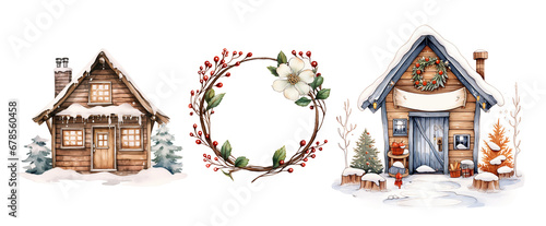 Hand drawn illustration of wooden house with christmas tree, snow, wreath, pine cones and holly berries