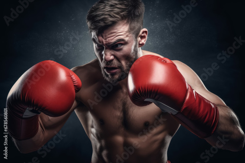 Boxer with an aggressive look in red boxing gloves before a fight against a black background © zamuruev