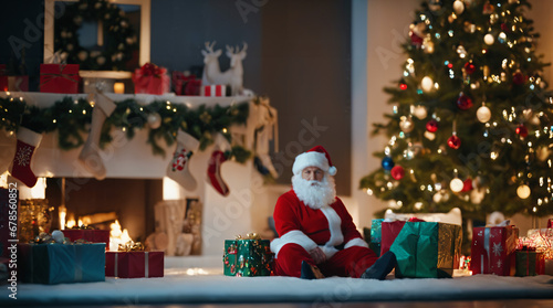 a santa clause sitting on the floor with presents under a christmas tree in front of a fireplace with a christmas tree,4k uhd image,a stock photo,dau-al-set,