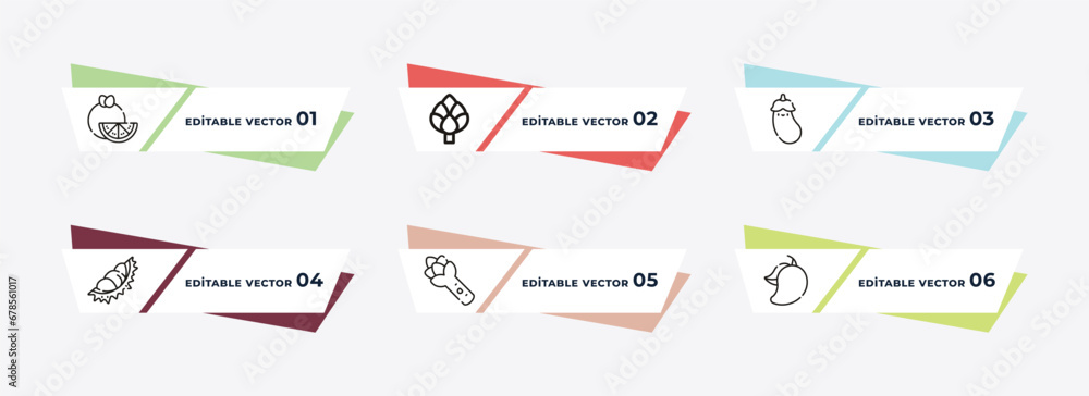 grapefruit, artichoke, aubergine, durian, asparagus, mango outline icons. editable vector from fruits and vegetables concept.